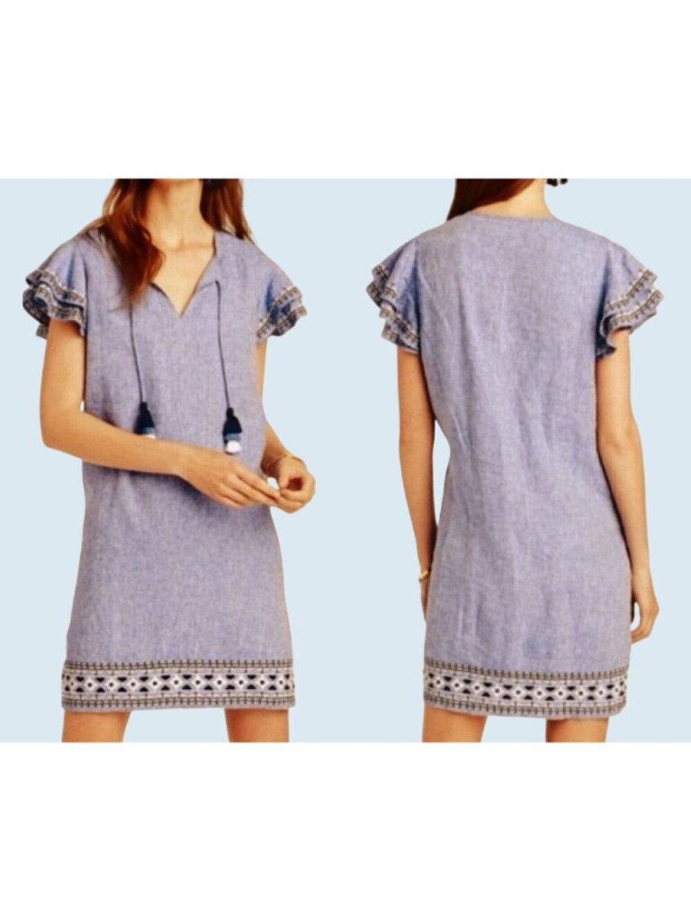VINEYARD VINES Embroidered Flutter Sleeve Linen Pull On Dress Size L